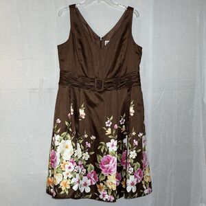 Jessica Howard Brown Floral Dress Size 16 Belted A Line V Neck Sleeveless
